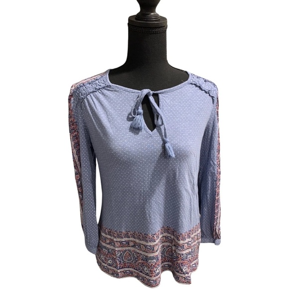 Lucky Brand Paisley Polka Dot Women’s Size XS Blue Tie Front Key Hole - Picture 1 of 10